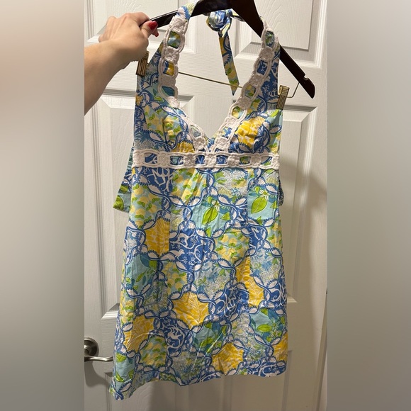 LILLY PULITZER 4 S Blue Yellow Floral Halter Macrame Detail Dress R $198 - Picture 3 of 11